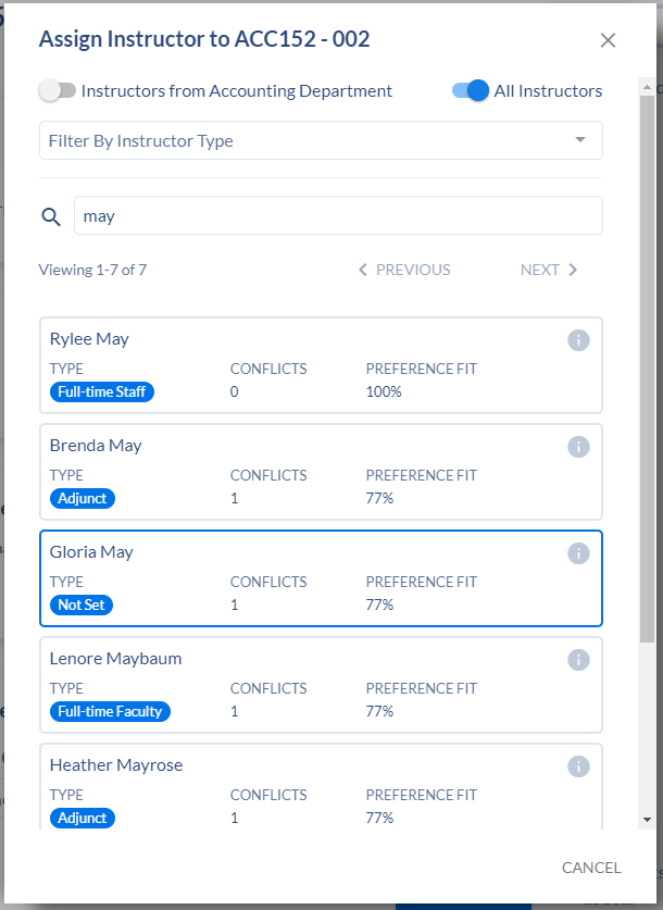 Assign Instructor dialogue box on the Instructor Card showing a search in progress.