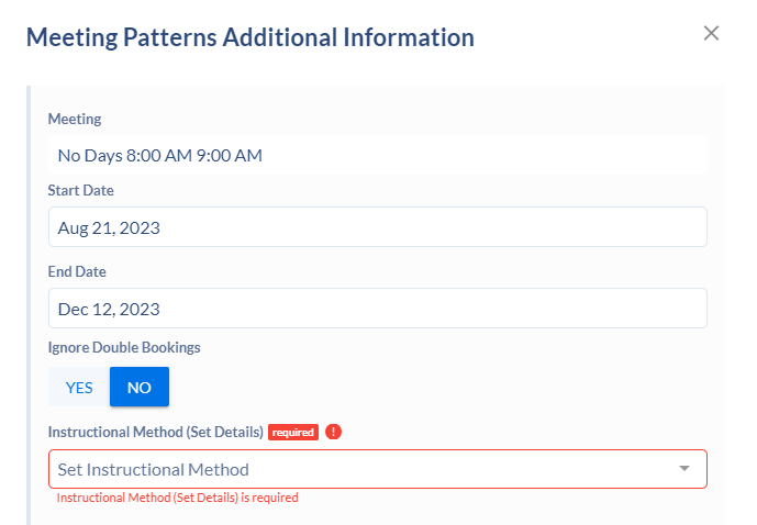 Pop-Up box to select the meeting pattern additional information.