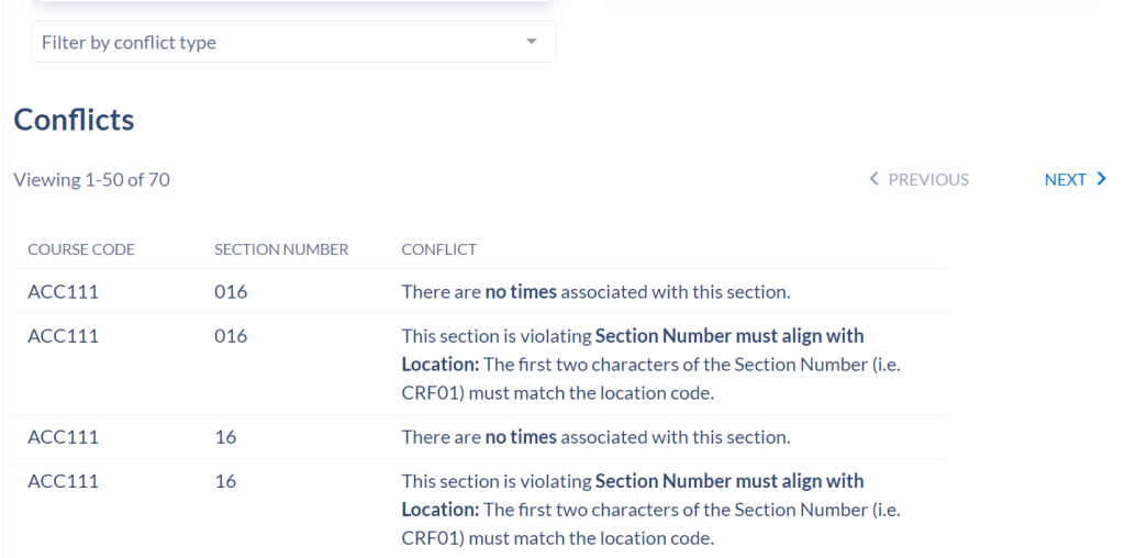 Reports Page. Conflicts List area of the Conflicts reports.