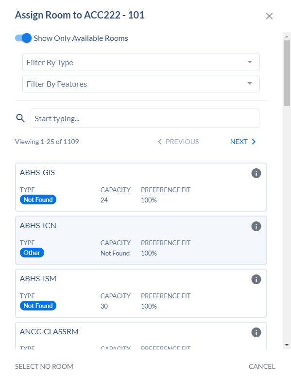 Assign Room to... pop-up box when scheduling a room.