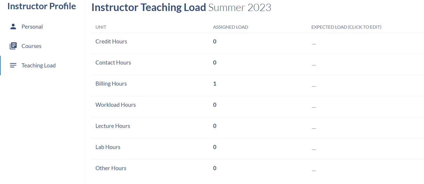 Coursedog instructor load area on the instructor profile page.