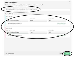 Update the document name to reflect which faculy you are sending the agreement to. Then, input the correct recipient information. Click Continue.