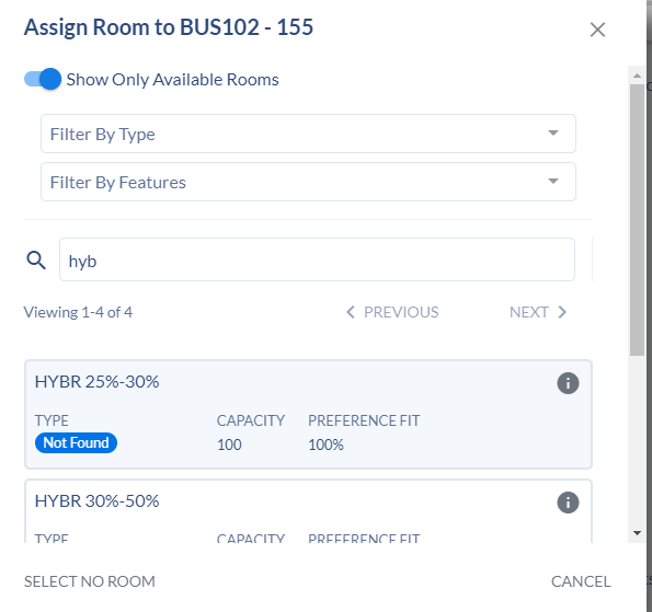 Room Assignment section of the Section Template.