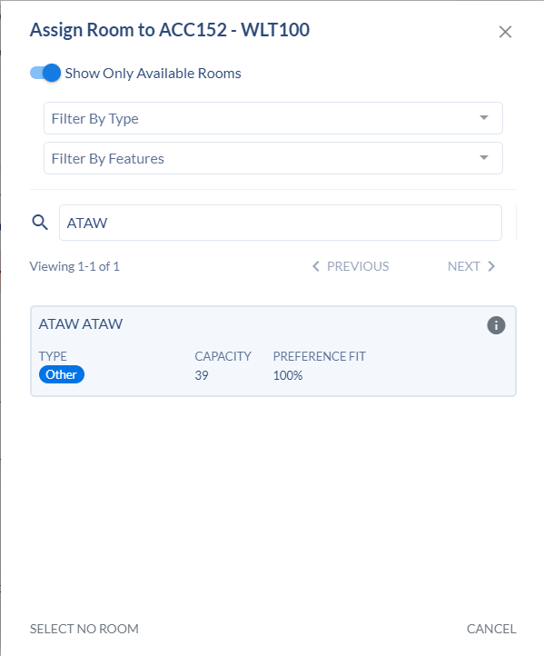 Room Assignment section of the Section Template.