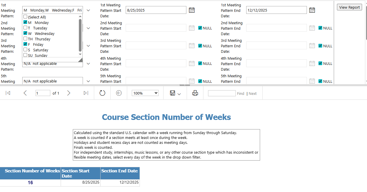 Course Section Number of Weeks report with standard meeting pattern example.