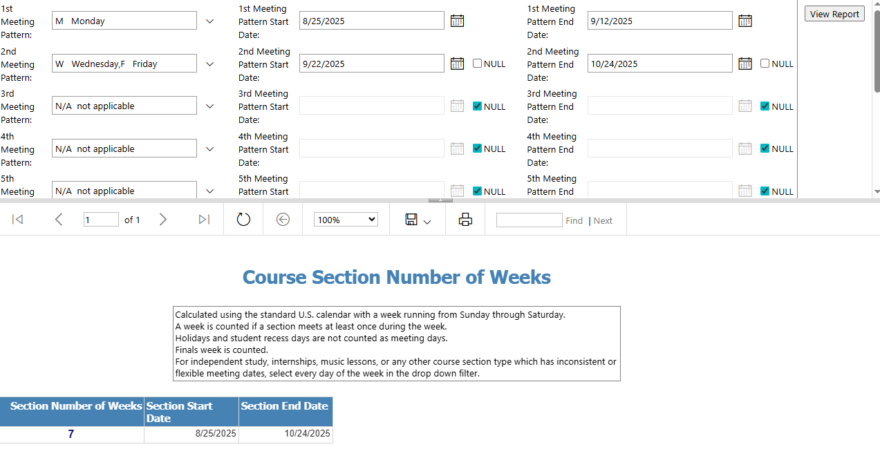 Course Section Number of Weeks report with multiple meeting pattern example.