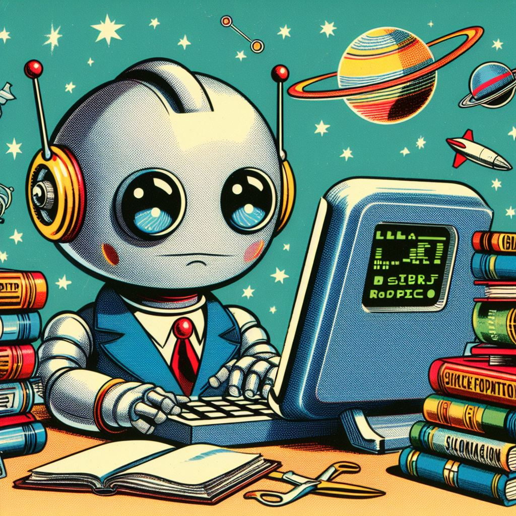 A robot working on a laptop surrounded by books in the style of 1950's comic book art.