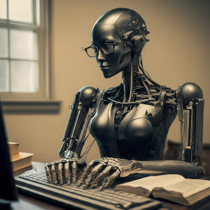 image of a robot sitting- at a computer writing