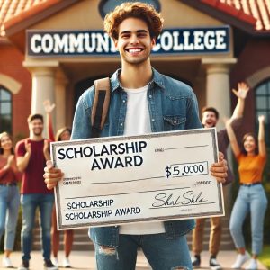 Community college student holding a check that says "Scholarship Award" for $5,000